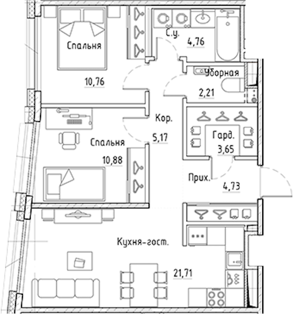 2-комнатная квартира 63.87 м², 9/10 эт., ЖК «LEGENDA Лисичанская 22»